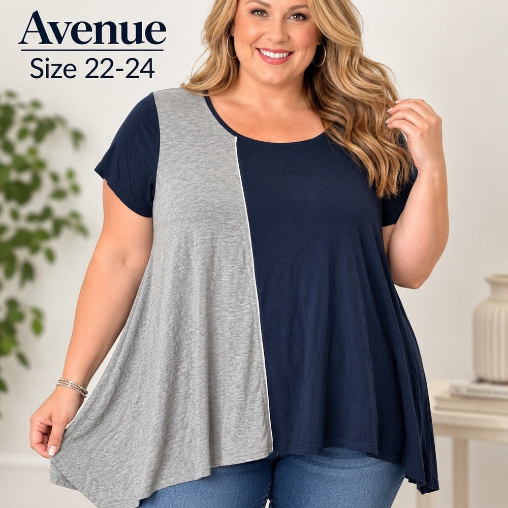 Avenue Womens Plus Size 22 24 Navy Gray Colorblock Asymmetrical Sharkbite Tunic